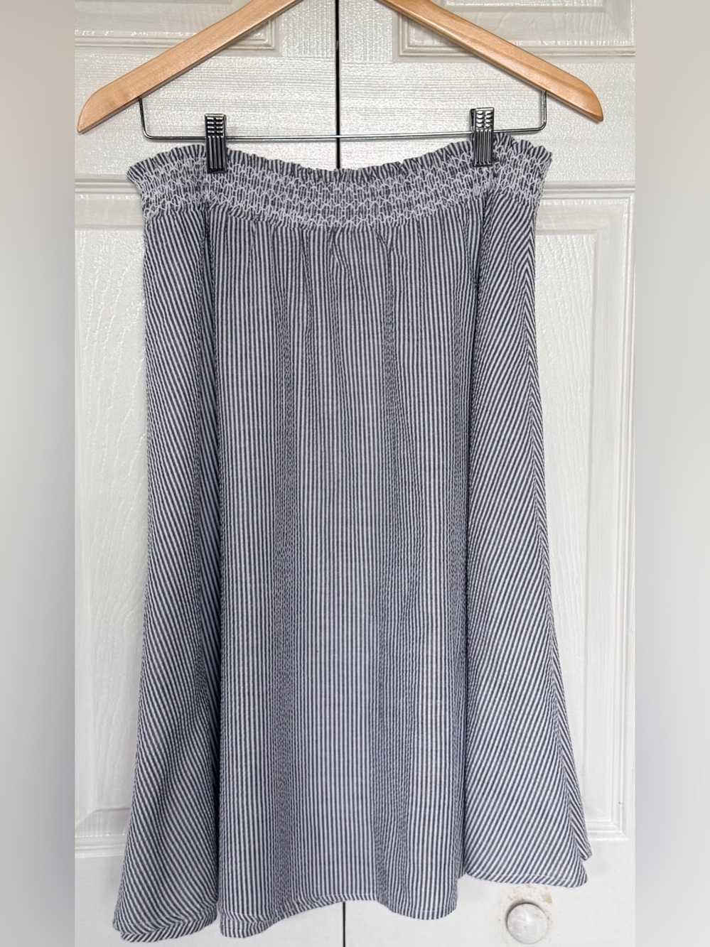 POL Blue & White Striped Smocked Midi Skirt Size M/L Boho Cottagecore